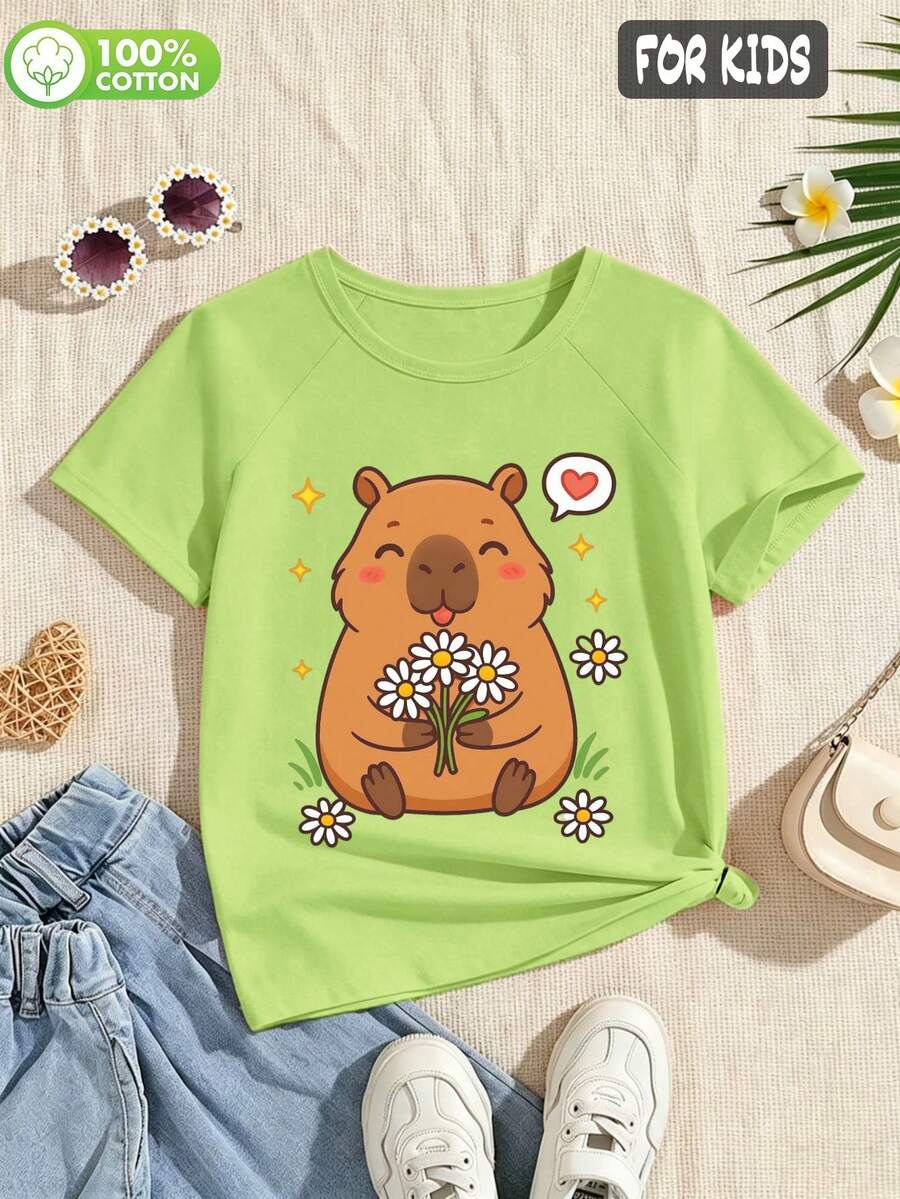 Collection d'été pour préadolescentes : T-shirt à manches courtes et épaules tombantes en 100% coton pour filles, avec un design imprimé de capybara personnalisé, amusant et mignon - Vert fruit - Voir 1