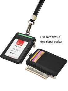 Life-Mate Leather ID Card Holder Wallet With Side Zipper Pocket, Credit Card Slots, Multi-Card Slots, Transparent ID Window And Neck Lanyard - Black - View 1
