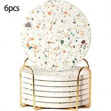 Marble Pattern Absorbent Coaster With Metal Holder, Colorful Terrazzo Absorbent Ceramic Coaster, Cute Coaster, Suitable For Coffee Table, Restaurant, Kitchen, Bar Dining Table Coffee Table Accessories Decoration Gift, Heat Resistant And Durable Coaster - Multicolor - View 13
