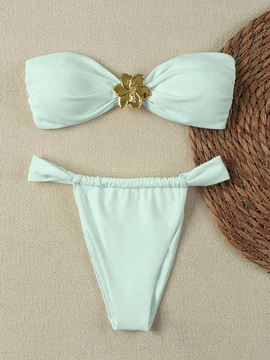 女款優雅春夏海灘度假薄荷綠性感平口休閒比基尼套裝,飾有金色花朵 - 薄荷綠 - 查看 1