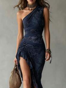 Y2K Grunge Style One Shoulder Maxi Dress, Patchwork Print Asymmetrical Hem Party Dress - Navy Blue - View 2