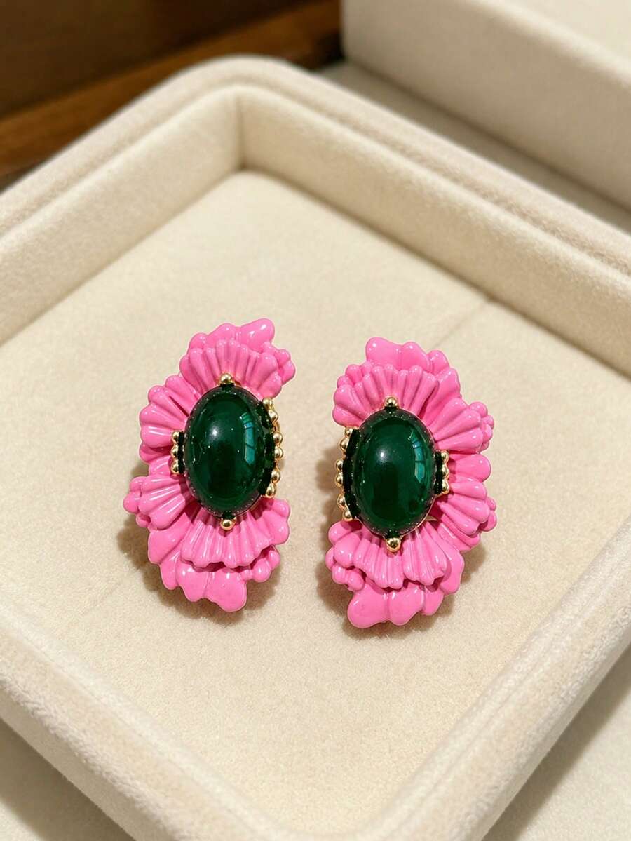 1 Pair Elegant Vintage Pink Flower Earrings, Romantic Fashion, Suitable For Dating And Evening Wear - Multicolor - View 1