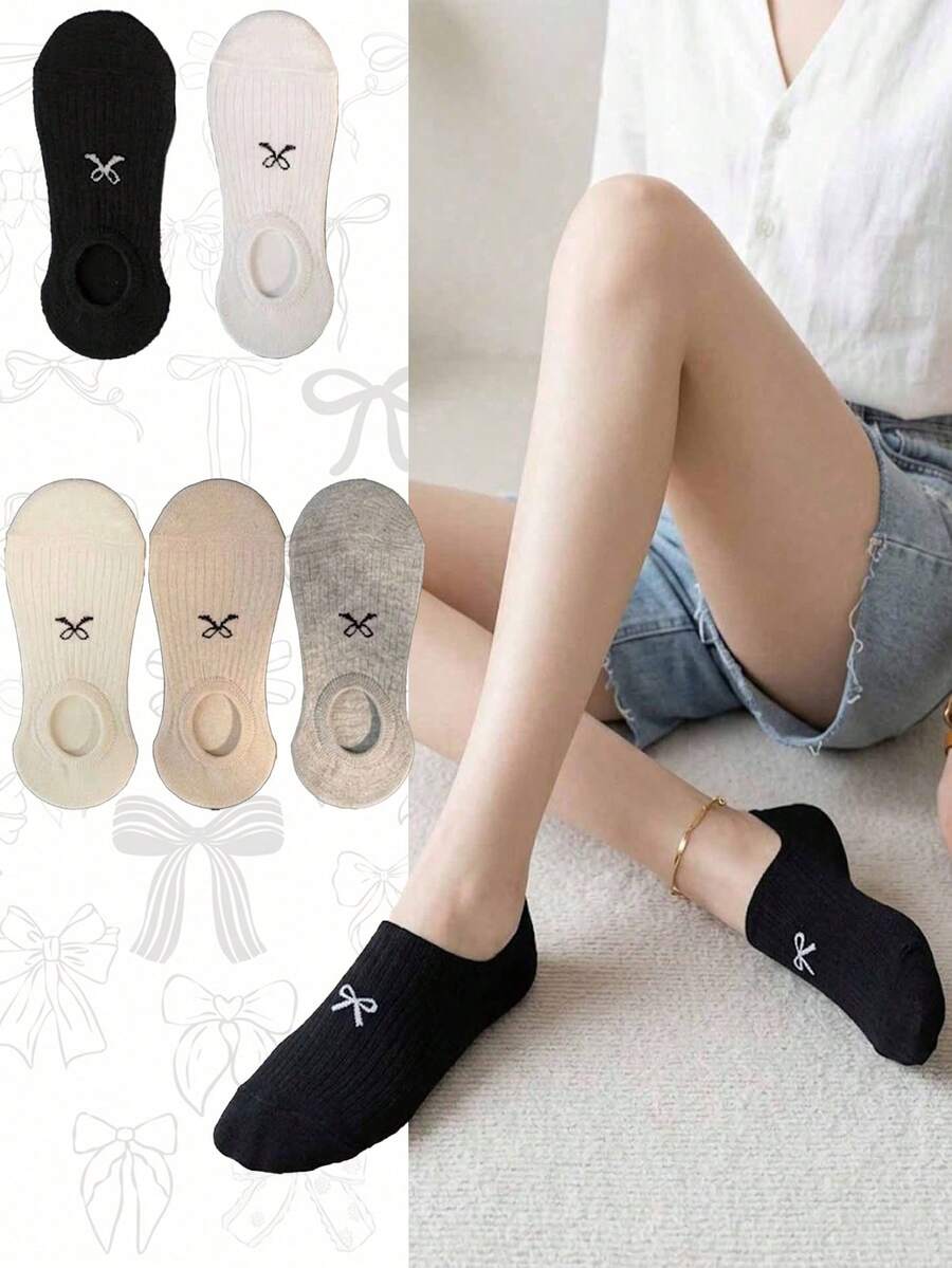5 pares/set de calcetines invisibles de unicolor para mujer, adecuados para estilo primavera/verano, lindos y cómodos calcetines cortos casuales - Multicolor - Ver 1