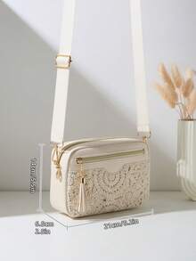 Floral Pattern Crossbody Bag Camera Bag, Bohemian Style Beach Bag, Travel Essential Accessory, Crochet Knit Set, Elegant Women's Wallet - Apricot - View 2