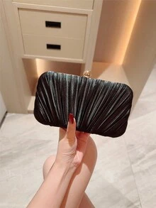 1pc Gold Glitter Leather Box Clutch Evening Bag, Fashion Luxury Party Handbag, Formal Evening Bag, Ball Clutch, Chain Crossbody Bag, Square Bag - Black - View 1
