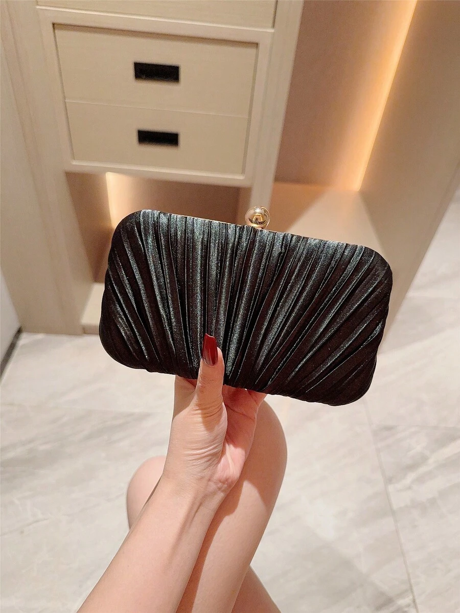 1pc Gold Glitter Leather Box Clutch Evening Bag, Fashion Luxury Party Handbag, Formal Evening Bag, Ball Clutch, Chain Crossbody Bag, Square Bag - Black - View 1