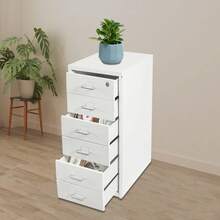 1Pc White 6-Drawer Coated Steel Under Desk Mobile Pedestal With Central Anti-Theft Lock & Brake Casters, Anti-Tilt Rolling Storage Cabinet For A4 Documents, Stationery, Art Supplies, Cosmetics, Home Studio & Office Organization - White - View 2