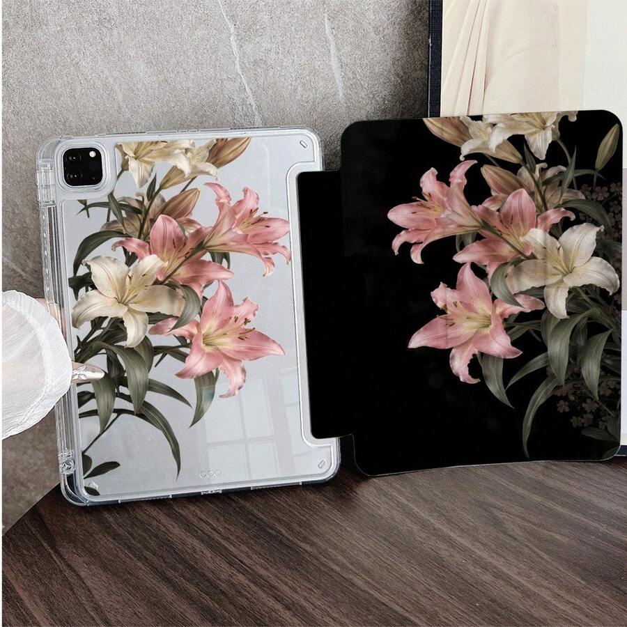 1pc Y-Shaped Tri-Fold Tablet Protective Case, 2 Styles Vintage Pink & White Lily Floral P, Compatible With IPad 10.9/10.2/Air 5th Gen/Pro 11/10th Gen/9.7/Air 2/(7th Gen)/(8th Gen)/Air 4/5/Pro 11/10th Gen 10.9 Inch 2022 Smart Case/Air 13(M3 2025)/Air 11(M3 2025)/Air 11(M3 2025)/11(A16 2025)/Compatible With Galaxy Tab S10+/S9/A9, Compatible With Xiaomi 5/5PR/6/6PRO/7/7PRO - Multicolor - View 1