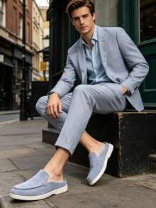 Mocasines tipo mule de ante para hombre, zapatos de caminar estilo británico sin cordones, mocasines de lujo color caqui, mocasines planos casual de negocios - Caqui - Ver 2