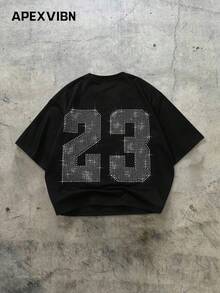 Black Short Sleeve T-Shirt Men's Loose Oversize Fit Back Large 23 Rhinestone Design Street Style Personalized Rhinestone Print Casual Half Sleeve Top - Black - View 3