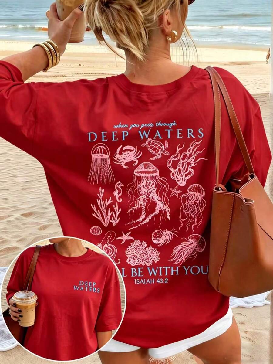 Cute Marine Life Print Women's Loose T-Shirt, Round Neck Short Sleeve Summer Top, Vintage Street Style Washed Cotton Graphic Tee For Vacation Daily - 紅色 - 查看 1