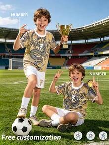 Jersey Sepak Bola Anak Laki-laki & Perempuan Motif Naga Kuning, Ukuran 25-26 Tahun, 2pcs/Set, Kustomisasi Nama & Nomor/Gaya Bintang Klub Populer - Kuning - View 4