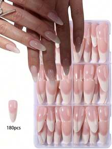 180pcs Long Almond Shape Milky White Gradient Design Press-On Nails, Acrylic Fake Nails Set, Includes 1pc Jelly Glue And 1pc Nail File - 彩色 - 查看 7