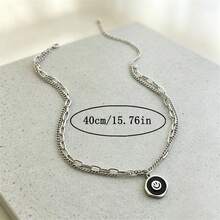 Kalung Liontin Wajah Tersenyum Bertumpuk Dua Lapis Stainless Steel untuk Wanita, Gaya Fashion yang Manis & Keren - Perak - View 2
