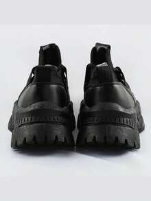 Lace-Up Platform Sneakers, Sports Shoes, Slip-On + Laces, Imitation Leather, Thick Sole. - Black - View 5