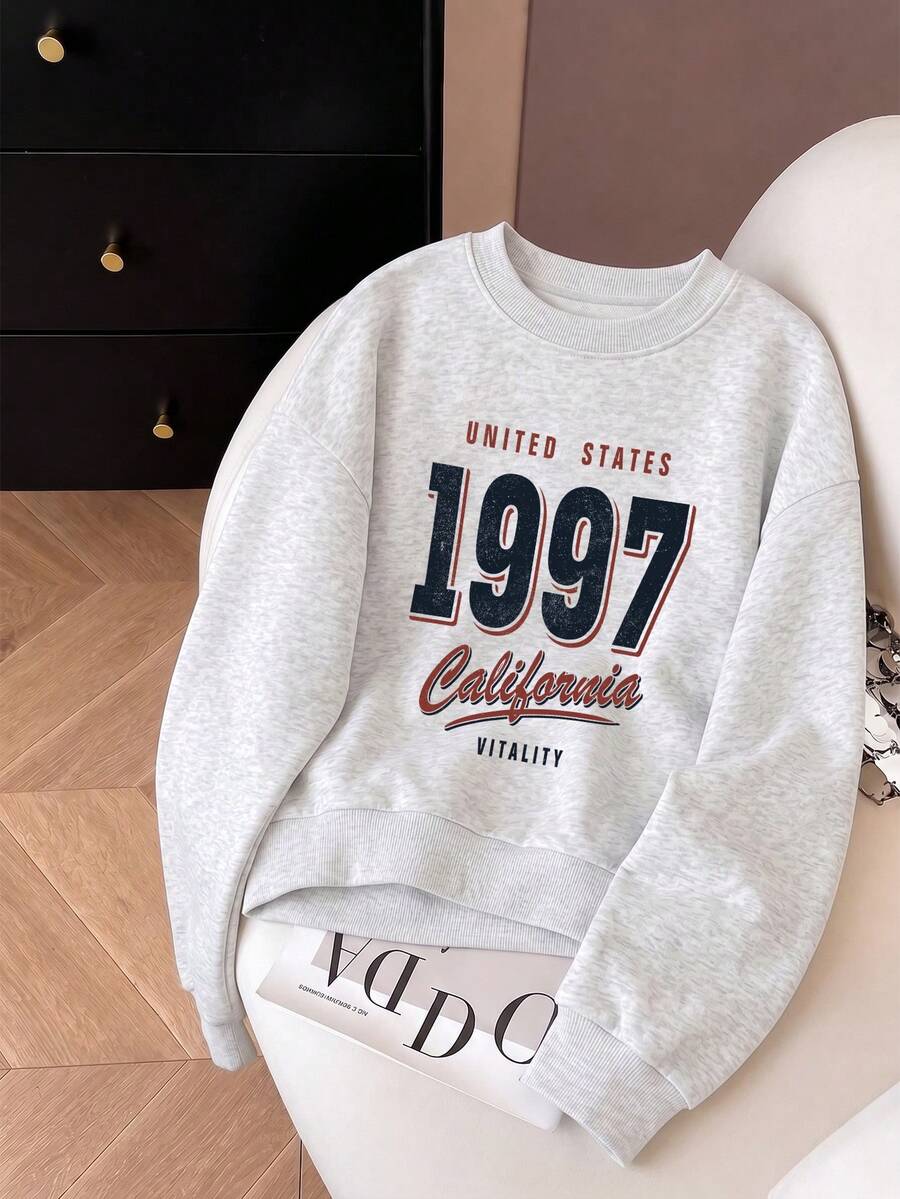 "1997 California" Pattern Gray Crew Neck Sweatshirt For Women, Loose Fit Pullover Top, Suitable For Casual And Sports Wear - Flower Gray - View 1