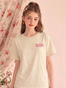 女款夏季 T-shirt，可愛糖果邊印花寬鬆休閒 T-shirt，適合日常甜美女孩風格 - 杏色 - 查看 2
