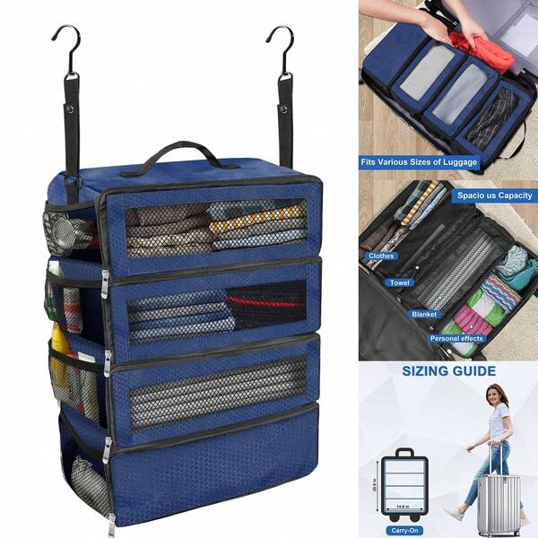 Foldable Travel Clothing Storage Bag, Large Capacity Hanging Closet Organizer With Hooks, Multi-Compartment Business Trip Luggage Packing Cubes, Durable Oxford Fabric Washable, Portable Luggage Storage Bag, Suitable For Home, Office, Hotel