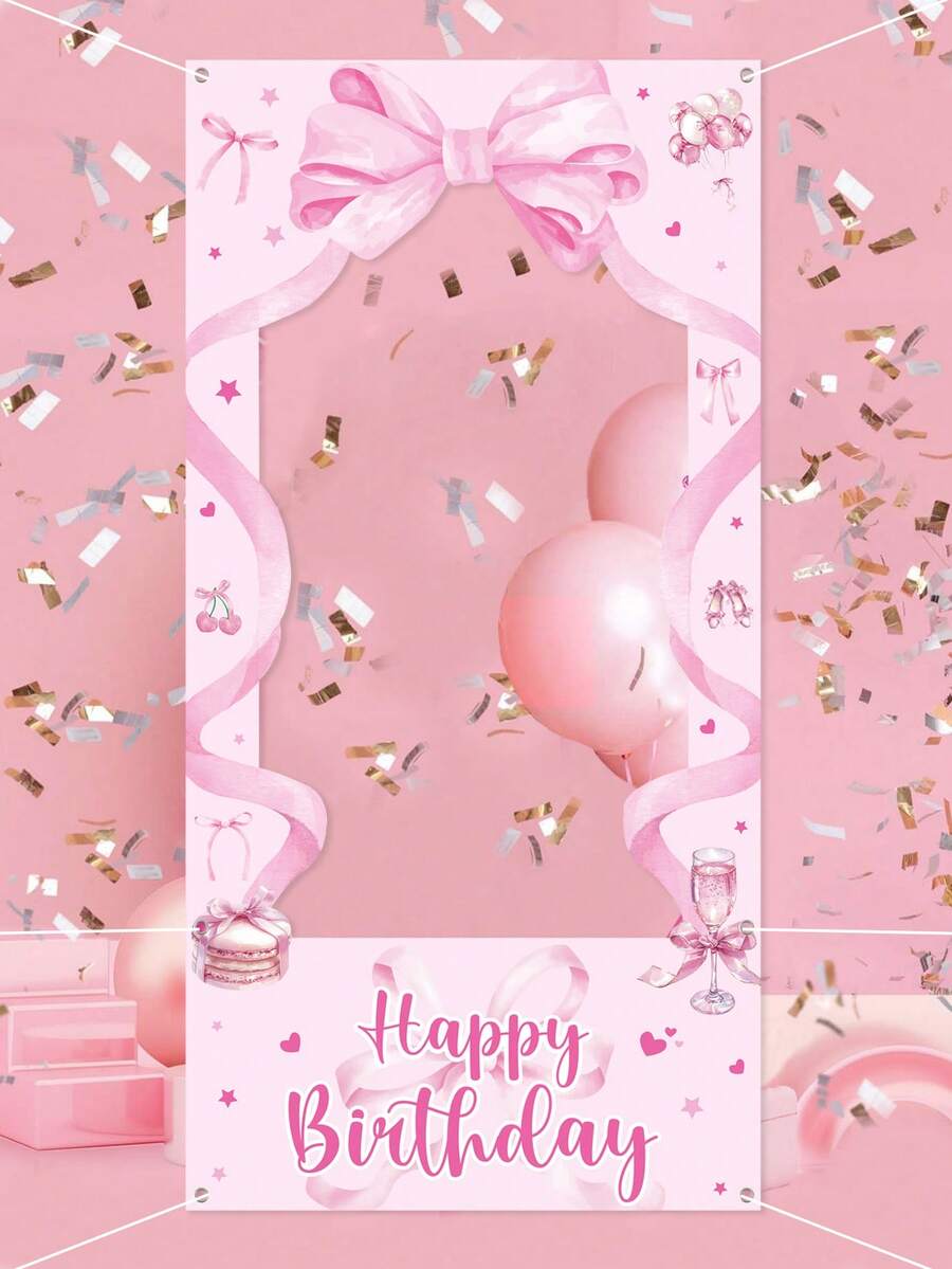 1件粉色蝴蝶結生日相框，生日快樂拍照道具，120*60cm乙烯基背景布，嬰兒洗禮裝飾，嬰兒派對用品，粉色生日裝飾，1歲生日派對裝飾，嬰兒洗禮用品，拍照道具，粉色蝴蝶結裝飾，1歲生日派對裝飾用品，節日派對背景裝飾，嬰兒房裝飾