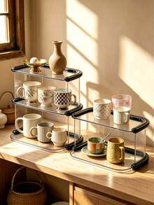 Multi-Layer Acrylic Cup Rack, Vintage Tabletop Mug Holder, 2/3 Tier Countertop Organizer, Dual-Use Vanity Makeup Tray, Detachable Easy-Clean Stand For Kitchen, Bar, Dresser, Holds Mugs, Teacups, Cosmetics, Jewelry & Bathroom Items - Multicolor - View 2