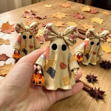 Cute Halloween Ghost Figurine, 4 Inch Mini Resin Patchwork Ghost With Pumpkin Basket, Rustic Autumn Desktop Decor, Suitable For High Towers, Roof Racks And Desks, Cute Christmas Ghost Figurine - Patchwork Ghost - View 2