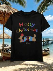 Men's Christmas Dog Print T-Shirt, Crew Neck, Relaxed Fit, Casual, Graphic Design - Preto - Ver 1