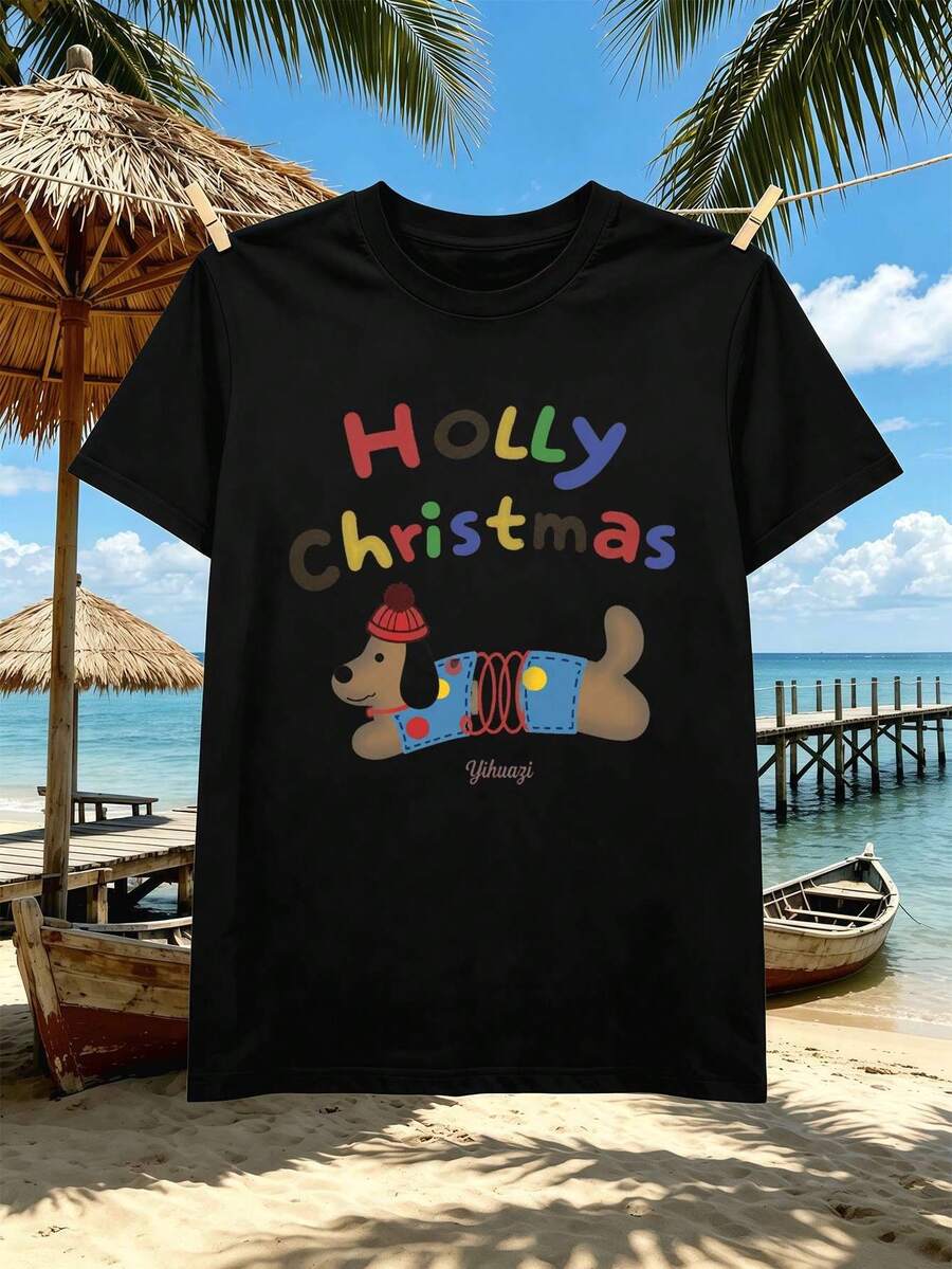 Men's Christmas Dog Print T-Shirt, Crew Neck, Relaxed Fit, Casual, Graphic Design - Preto - Ver 1