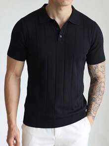 男士罗纹 Polo 领针织毛衣，复古夏季休闲宽松薄款短袖套头衫 - 黑色 - 查看 2
