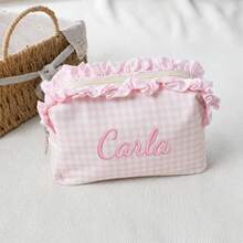 Personalized Gingham Cosmetic Bag, Ruffle Trim Makeup Pouch, Custom Name Toiletry Organizer, Small Travel Storage Bag, Coin Purse, Cute Gift - Multicolor - View 18