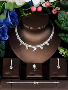 1 Set Queen Luxury Style Multi-Cut Rectangular Trapezoid Cubic Zirconia Jewelry Set + Geometric Rhombus Cluster High-Reflective Cubic Zirconia 4-Piece Set + Cocktail Party, Holiday Festival Evening Dinner Atmosphere Matching Accessories - Silver - View 2