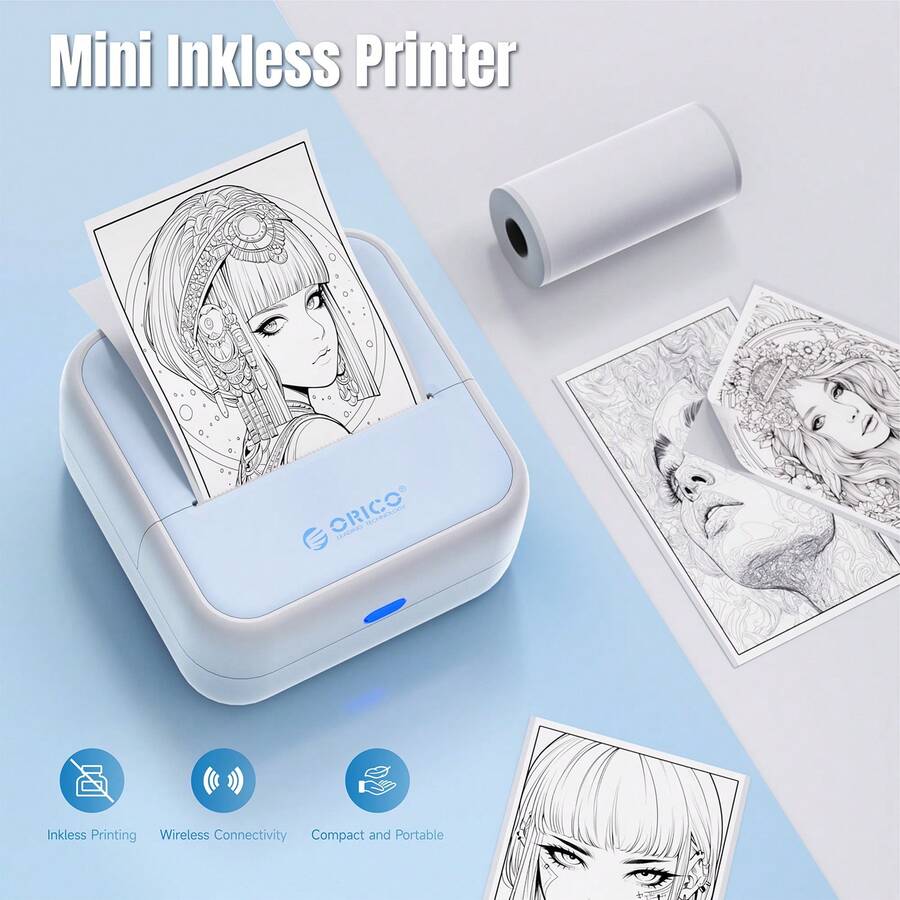 ORICO 2 Inch Portable Mini Thermal Printer, Label Maker With Paper Roll, Small Pocket Printer, Easy To Use, Suitable For Office, Home, Small Business, Address, Logo, Clothing, Stickers - Baby Blue - View 1