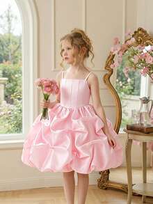 Young Girls Spaghetti Strap Pleated Satin Birthday Puff Princess Dress Suitable For Wedding, Headband Not Included - Baby Pink - View 3