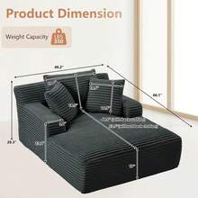 66'' Chaise Lounge Chair Indoor, Corduroy Boneless Sofa Bed, Deep Seat Sleeper Couch Reading Chairs For Bedroom Living Room, Movie Room, No Assembly,Dark Gray - 深灰色 - 查看 8