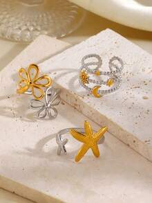3pcs Stainless Steel 18K Gold Plated Dual-Tone Star Moon Ring Set, Suitable For Women's Daily Wear And Vacation - Multicolor - View 4