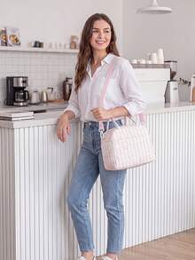 Floral Quilted Insulated Lunch Bag - Leak-Proof Reusable Thermal Cooler Tote, Large Capacity, Cute Coquette Style For Work, School, Picnic & Travel - 垂直粉花 - 查看 8