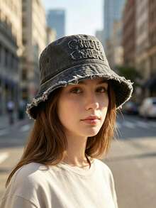 This 1pc Washed And Distressed Lettered Bucket Hat Features Soft Fabric, Sun Protection, And Wind Protection. Stylish And Versatile, It's Suitable For Travel, Beach, Vacations, And Everyday Casual Wear. - Multicolor - View 2