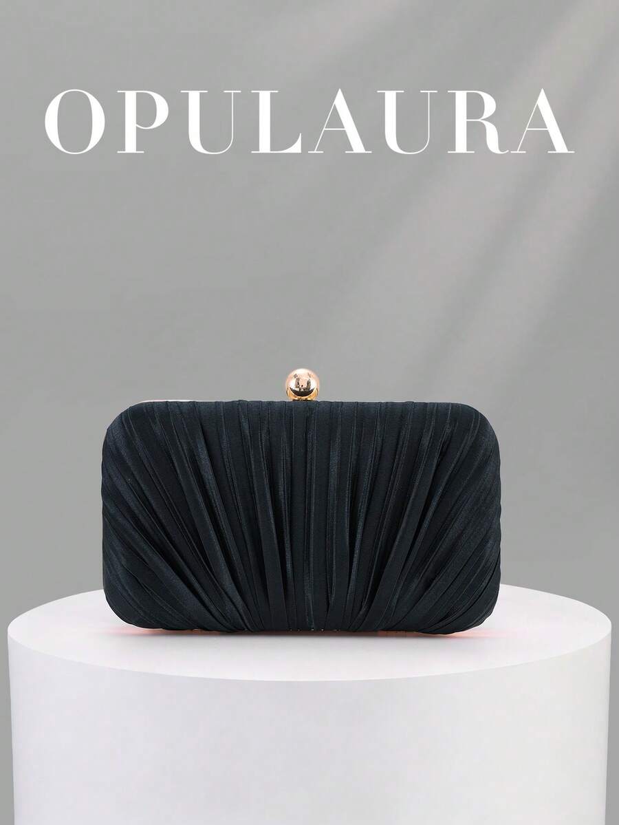 OpulAura 復古優雅緞面晚宴手拿包,百褶設計時尚正式派對包,迷人精緻正式晚宴包,高級方盒手拿包,適合派對/婚禮/正式場合晚餐,附鏈條可肩背/斜背 - 黑色 - 查看 1