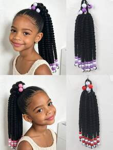 1pc Kids Braided Ponytails For Girls Box Braid Ponytail Hair Extension Synthetic Beads In The End - Black - View 2