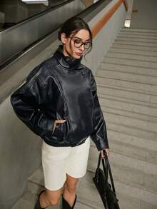 女款復古大廓型高領人造皮革夾克，休閒街頭風秋冬外套，黑色秋季款 - 黑色 - 查看 5