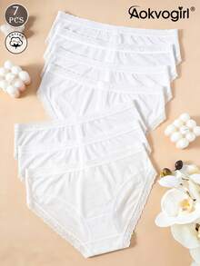 AOKVOGIRL 7pcs Women's White Thin Lace Trim Solid Color Ice Silk Seamless Comfortable Mid-Waist Triangle Panties - Multicolor - View 6
