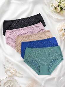 5pcs/Pack Multi-Color Mid-Waist Sheer Floral Lace Panties, Elastic Wavy Edge Lightweight Women's Triangle Briefs - Multicolor - View 5