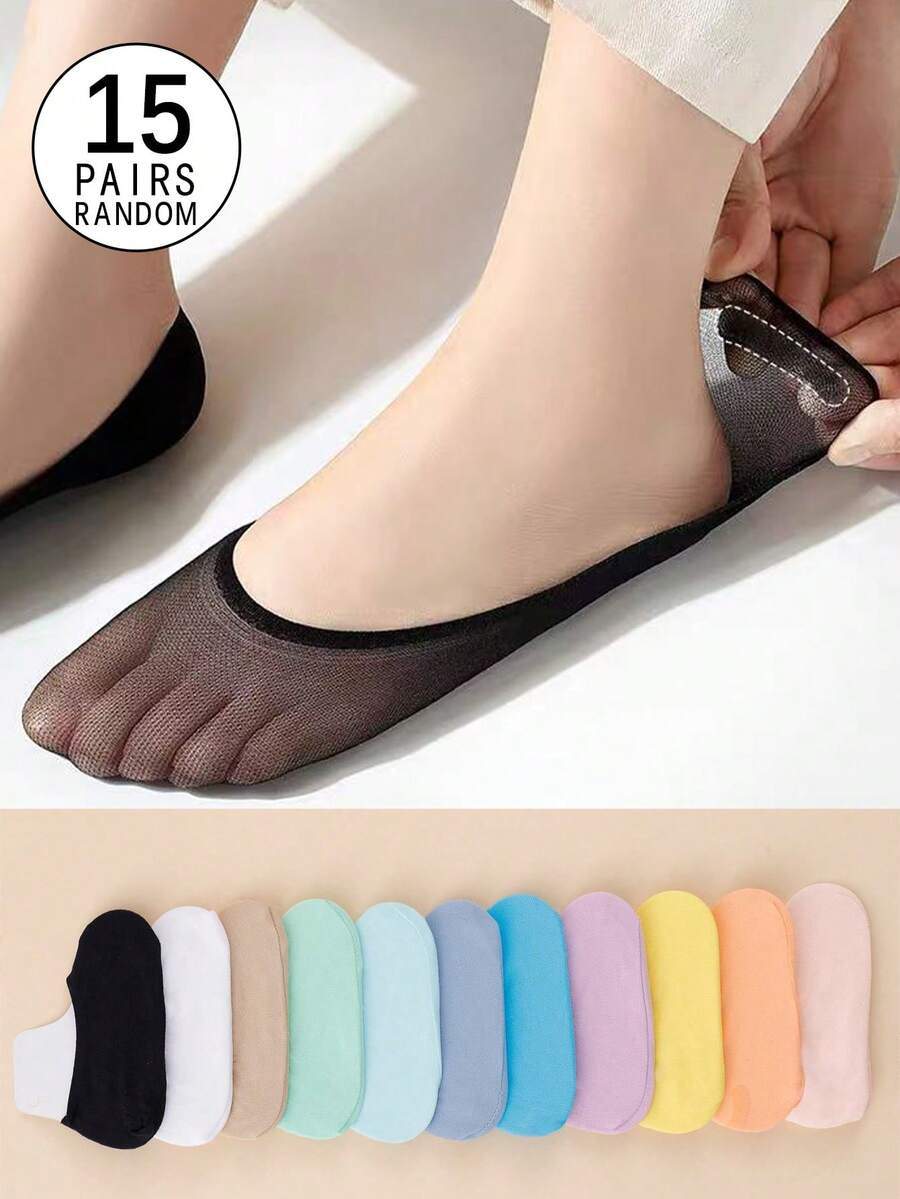 15 Pairs Random Color Women's Solid Color Low Cut Invisible Boat Socks - Multicolor - View 1