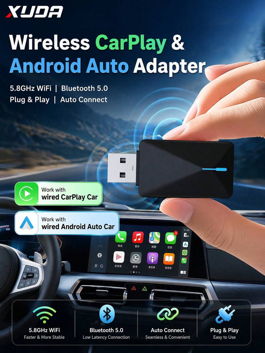 XUDA 2-In-1 Wireless CarPlay / Android Auto Ultra Mini Adapter - 2.4-5.0 GHz WiFi 5 Carplay Converter, Wired To Wireless, Fast Auto Connection, No Delay, Compact Design, With USB/USB-C Port, Battery-Free - D - View 1