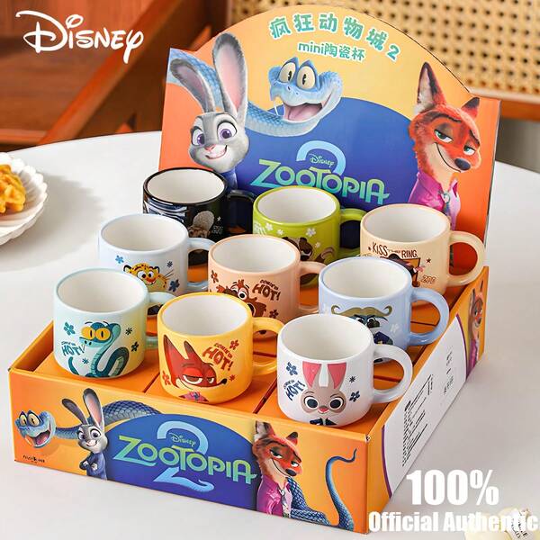Taza mini de cerámica oficial de Disney Zootopia Nick & Judy, taza de agua con pareja de dibujos animados linda, taza de café para el hogar, recuerdo, 1 pieza al azar