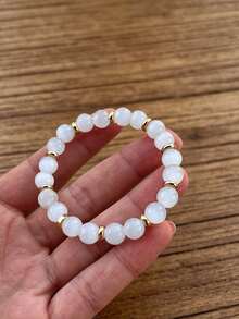 Elegant Selenite Beaded Bracelet - Clarity, Harmony, Calming, Healing Crystal Boho Style Yoga Meditation Jewelry For Women Men, Birthdays, Holidays - White - View 3
