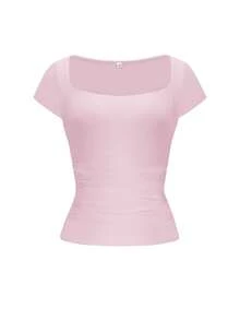GLAMSKIN 女款夏秋基礎條紋方領短袖修身短版 T-shirt，休閒性感修身上衣 粉色 - 粉色 - 查看 3