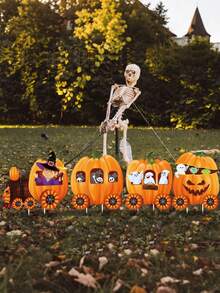 4pcs Thanksgiving Pumpkin Patch Outdoor Decor, Skeleton Train Patch Sign, Yard Stake Autumn Decorations, Yard Stake Lawn Sign Suitable For Outdoor Lawn Garden Thanksgiving, Autumn Harvest Lawn Outdoor Garden Farmhouse Thanksgiving Party Decor, Home Porch Wall Indoor Outdoor Decoration (Pumpkin Color, Yellow) - Multiple Styles - View 3