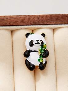 1pc Panda Holding Bamboo Brooch, High-End Elegant Creative Animal Pin, Versatile Clothing Accessory - Black and White - View 3