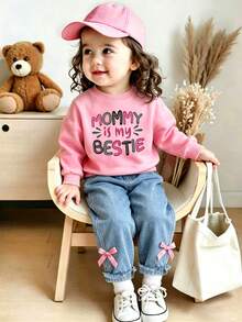 Baby Girl Cartoon Print Round Neck Long Sleeve Warm Sweatshirt And Denim Jeans - Pink - View 7