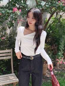 Early Autumn New French Design Asymmetric Neckline Twisted Cinched Waist Knit T-Shirt Top White - White - View 2